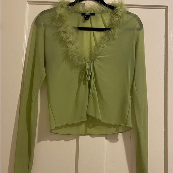 Forever 21 Tops - Lime Green Mesh Feather Trim Blouse